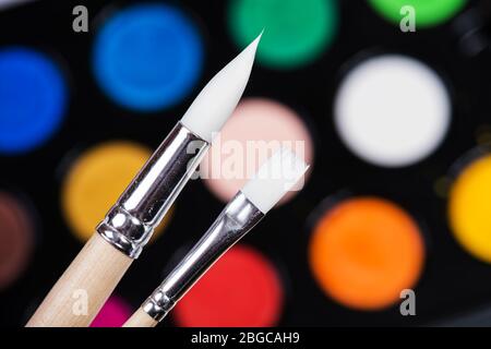 Set of watercolor paints and paintbrushes Stock Photo