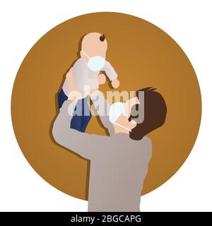 Father playing together with baby son in face masks during coronavirus quarantine. Dad and child in medical masks spending time together during virus Stock Vector