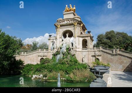 Fountain with cascade waterfall at Parc de la Ciutadella or Ciutadella Park, Barcelona, Catalonia, Spain Stock Photo