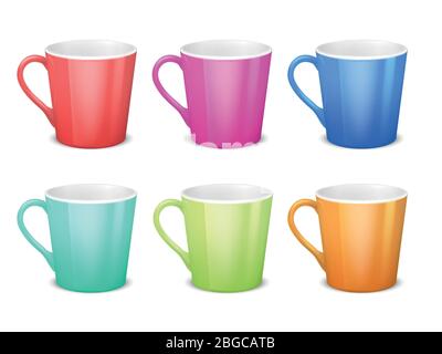 Colorful 3d mugs, empty coffee ceramic cup isolated vector collection. Illustration of colored cup drink Stock Vector