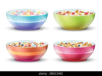 Bowls of breakfast with different milk cereal snacks. Vector set. Breakfast food milk and muesli in bowl illustration Stock Vector