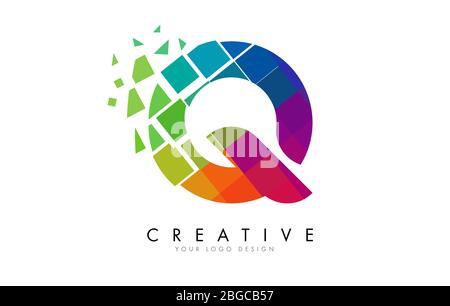 Letter Q Design with Rainbow Shattered Blocks Vector Illustration. Pixel art of the Q letter logo. Stock Vector