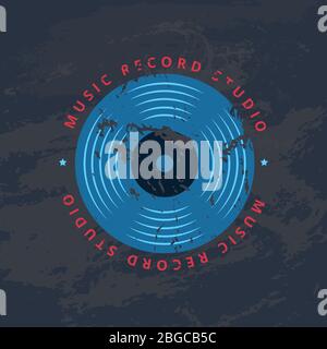 Retro sound record studio, vinyl music shop, club vector logo, badge with vinyl record Stock Vector
