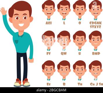 Talking lips sync animation. Cartoon vector speaking mouth and boy portrait isolated. Character animation talk mouth, boy expression speech illustration Stock Vector