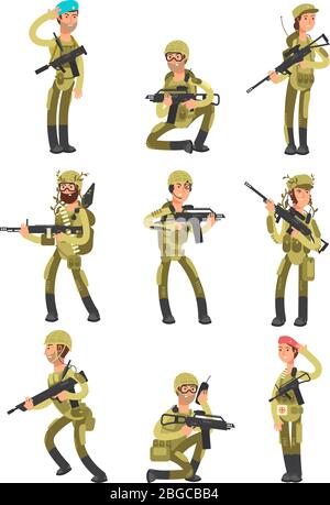 Cartoon soldiers in various actions. Military men with weapons. People in army vector set. Military soldier action, cartoon man with weapon illustration Stock Vector