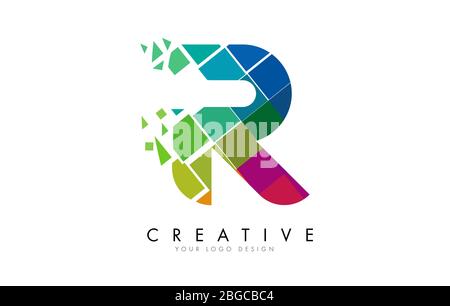 Letter R Design with Rainbow Shattered Blocks Vector Illustration. Pixel art of the R letter logo. Stock Vector