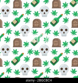 Skull plants alcohol and tombstone seamless pattern design. Vector illustration Stock Vector