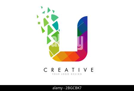 Letter U Design with Rainbow Shattered Blocks Vector Illustration. Pixel art of the U letter logo. Stock Vector