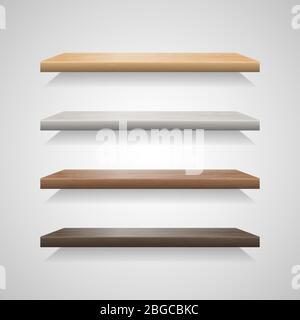 Set of wood shelves on grey background Stock Vector