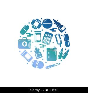 Medicine silhouettes bottles pills drugs round concept design. Vector illustration Stock Vector