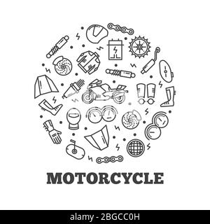 Line icons moto parts motorcycle accessories round concept. Vector illustration Stock Vector