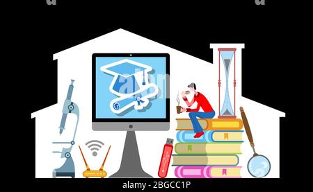 A student studying at home for graduation. All the objects, shadows and background are in different layers. Stock Vector