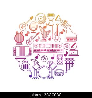Bright vector music poster with musical instruments icons in round illustration Stock Vector