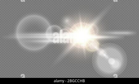 Abstract golden front sun lens flare translucent special light effect design. Vector blur glow glare. Isolated transparent dark background. Decor Stock Vector