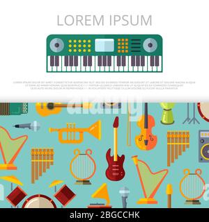 Flat colored musical instrumets banner or poster template. Vector illustration Stock Vector
