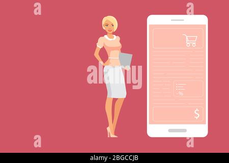 Elegant cute businesswoman and smartphone with open application or browser ready for shopping. Online support shopping concept. Flat style vector Stock Vector
