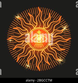 Esoteric mystery shiny sun sign on black background. Vector illustration Stock Vector
