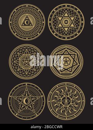 Golden occult, mystic, spiritual, esoteric vector symbols on black background. Vector illustration Stock Vector