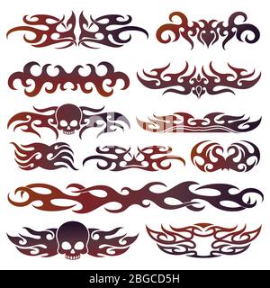Racing car vinyl decoration collection isolated on white background. Vector skull and fire tattoo tracery illustration Stock Vector