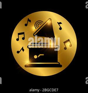 Simple black shiny gramophone and music notes on gold. Vector illustration Stock Vector