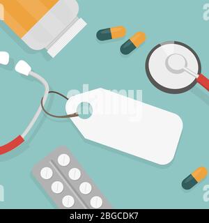 Top view of doctor workplace. Medical stethoscope and pills. Vector illustration in flat style. Medical concept Stock Vector