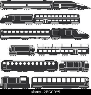 Trains and wagons black vector railway cargo and passenger transportation silhouettes. Train transport black silhouette, locomotive passenger illustration Stock Vector