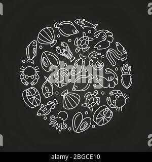White sealife linear icons round concept on chalkboard. Vector illustration Stock Vector