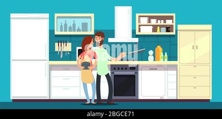 Happy couple cooking in kitchen vector illustration. Man and woman happy on kitchen cooking Stock Vector