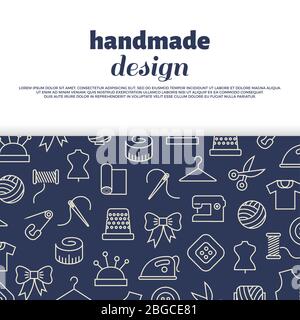 Sewing, needlework, handwork banner design with line icons. Vector illustration Stock Vector