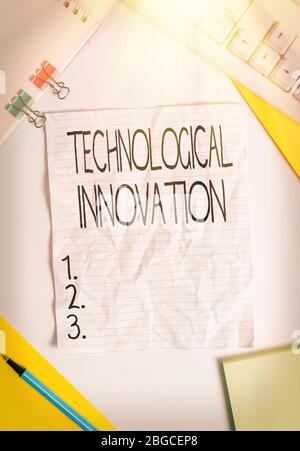 Writing note showing Technological Innovation. Business concept for New Invention from technical Knowledge of Product Colored paper different sizes bi Stock Photo