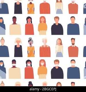 Vector seamless pattern in flat style. Modern multicultural, multiethnic society. People isolated on white. Medical mask. Coronavirus COVID-19 Stock Vector