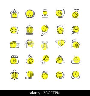 Pet shop, animals and pets accessorises linear icons with yellow rounds isolated on whie background. Vector illustration Stock Vector