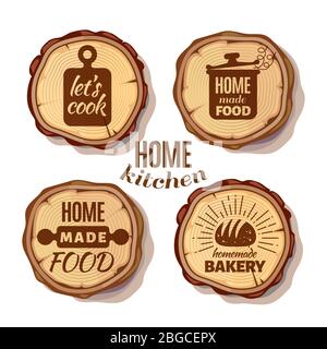 Retro kitchen cooking at home and handmade badges on saw cut tree trunks. Culinary kitchen homemade label trunk wood. Vector illustration Stock Vector