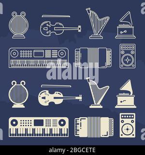 Line and silhouette classic music instruments icons of set. Vector illustration Stock Vector