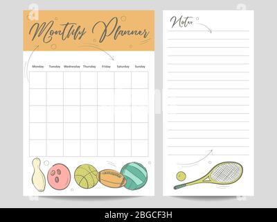 Monthly planner and page for notes template with sketch sport elements. Vector illustration Stock Vector