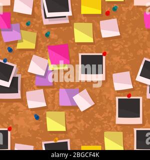 Sticky Notes and Polaroids on Corkboard Pattern Stock Vector