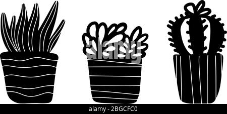 Set of cute hand drawn house plants in pots in doodle cartoon style isolated on white background. Vector outline and silhouette plants Stock Vector