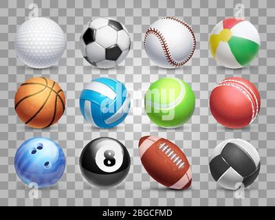 Realistic sports balls vector big set isolated on transparent background. Illustration of soccer and baseball, football game and tennis Stock Vector