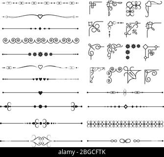 Retro victorian swirly borders and ornamental corners vector elements for vintage frames design. Victorian corner and border frame illustration Stock Vector