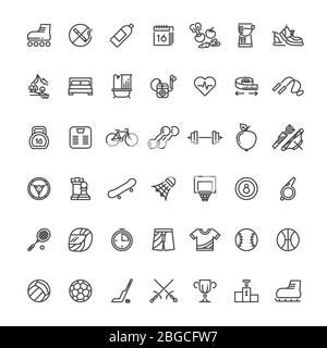 Sports fitness outline symbols. Sports equipment thin line vector icons. Sport and fitness equipment outline linear style illustration Stock Vector