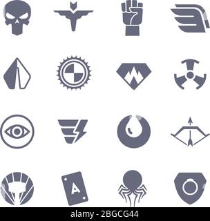Superheroes vector icons. Super power superhero heroic symbols. Super heroic symbol collection illustration Stock Vector