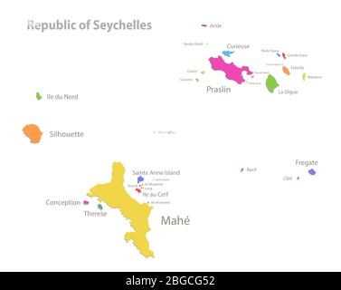 Seychelles map, administrative division with region names, color map isolated on white background vector Stock Vector