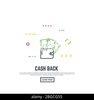 Cash back banner. Leather wallet with paper dollars, coins. Cashback money concept. Business offer and cash return option. Modern line vector banner. Stock Vector