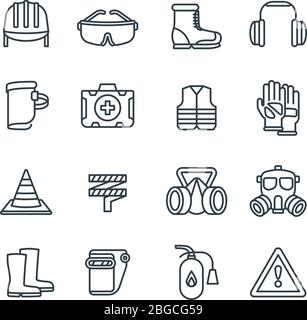 Safety work equipment and protective clothing line vector icons. Safety equipment and protection respirator illustration Stock Vector