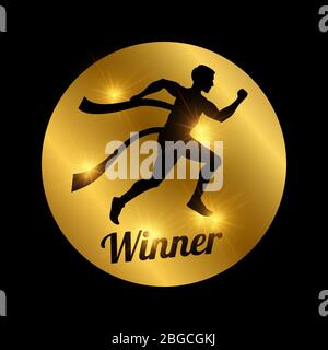 Winner golden icon with black shiny running athlete silhouette. Vector illustration Stock Vector