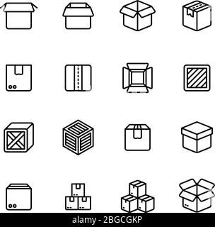 Paper and wood box line icons. Shipping packing outline vector pictograms. Illustration of package container and cargo cardboard box Stock Vector