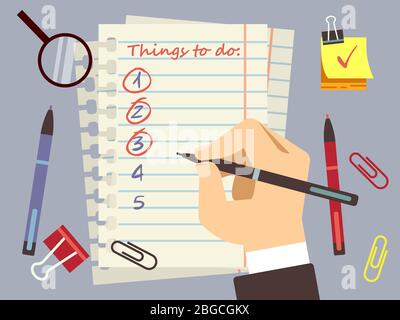 Flat to do list page and stationery top view. Vector illustration Stock Vector