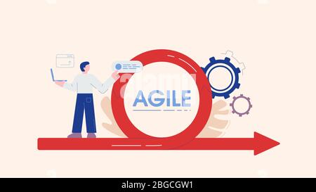 Cartoon male engineer with laptop working on scrum development life cycle process Stock Vector