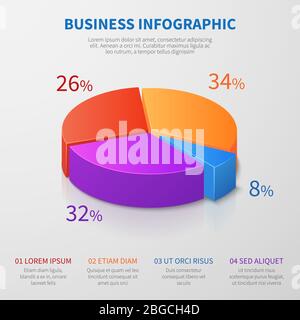 Pie chart 3d graph vector design with percentages and options for business presentation. Illustration of pie graphic for business, chart circle and diagram Stock Vector