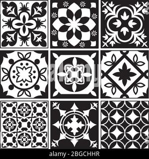 Vintage monochrome repeating tiles. Moroccan mediterranean tiled floor vector patterns. Illustration of tile mosaic arabesque monochrome Stock Vector